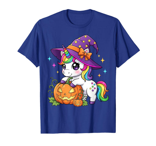 Halloween Girls Women Kids Witch Cute Unicorn Pumpkin T-Shirt