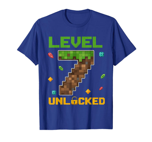 Retro Pixel Level 7 Unlocked Birthday Gamer Gift for Kid Boy T-Shirt