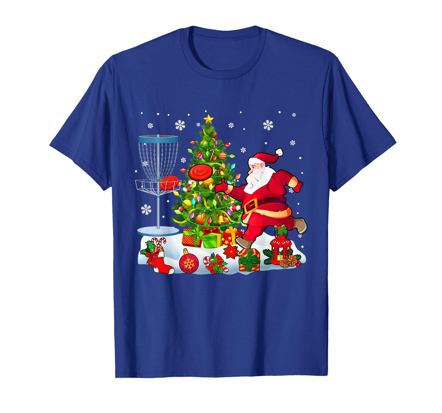 Xmas Tree Light Presents Santa Playing Disc Golf Player T-Shirt
