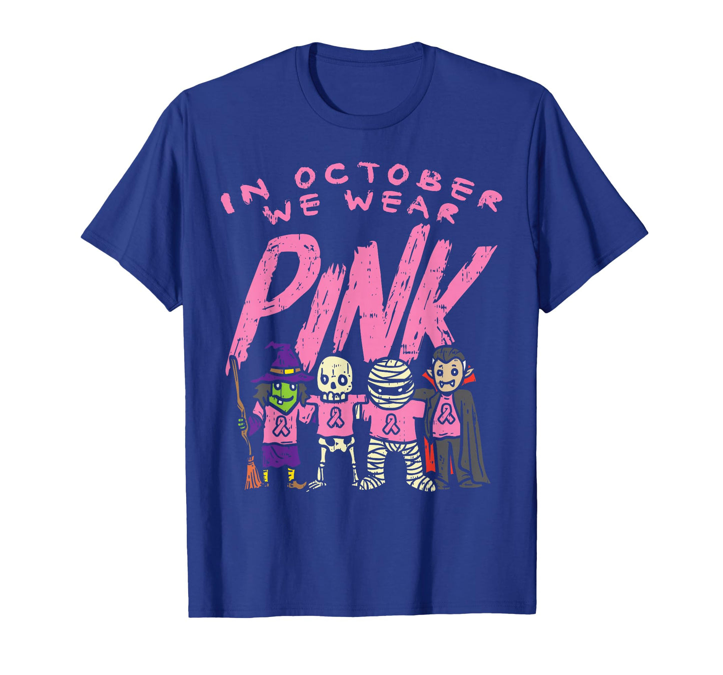 October We Wear Pink Witch Skeleton Halloween Breast Cancer T-Shirt