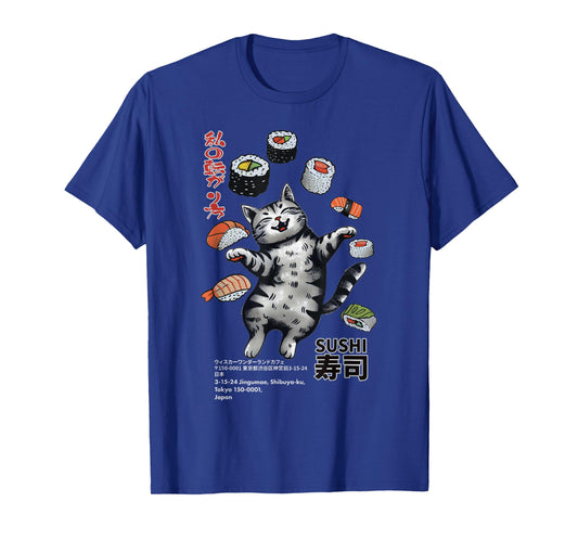 Anime-Style Sushi Cat: Harajuku Tokyo Japan Cat Cafe T-Shirt for Men Women Kids
