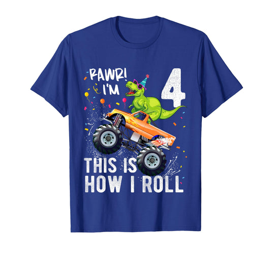 T Rex Dinosaur Monster Truck 4th Birthday Boys and Girls T-Shirt