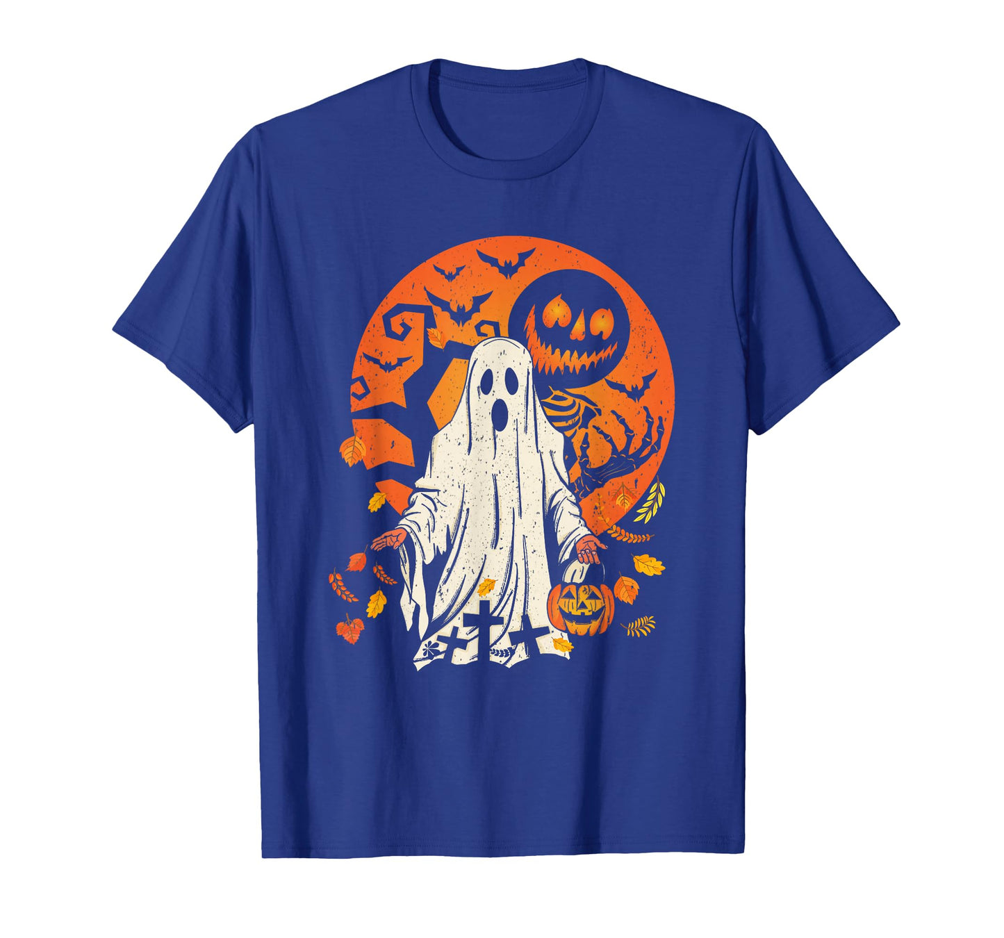 Cute Pumpkin Ghost And Autumn Leaves Halloween Graphic Tee T-Shirt