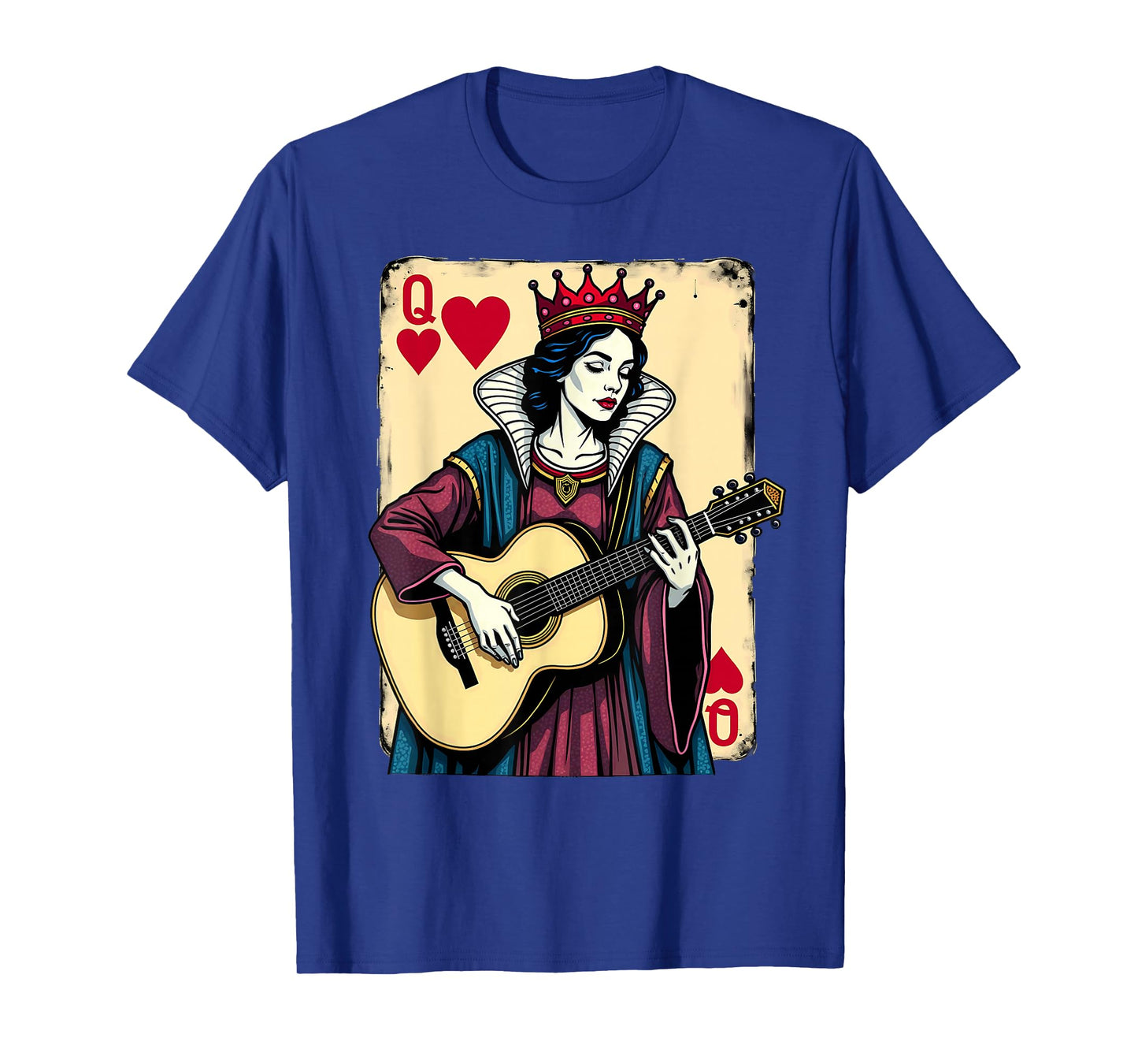Vintage Card Game Hearts Queen Playing Guitar T-Shirt