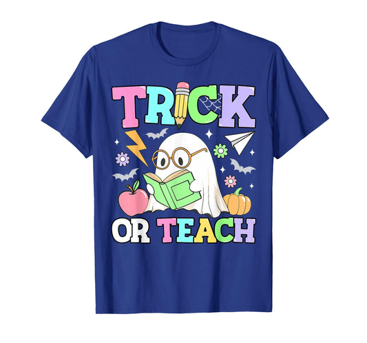 Trick or Teach Retro Halloween Teacher Reading Ghost Womens T-Shirt