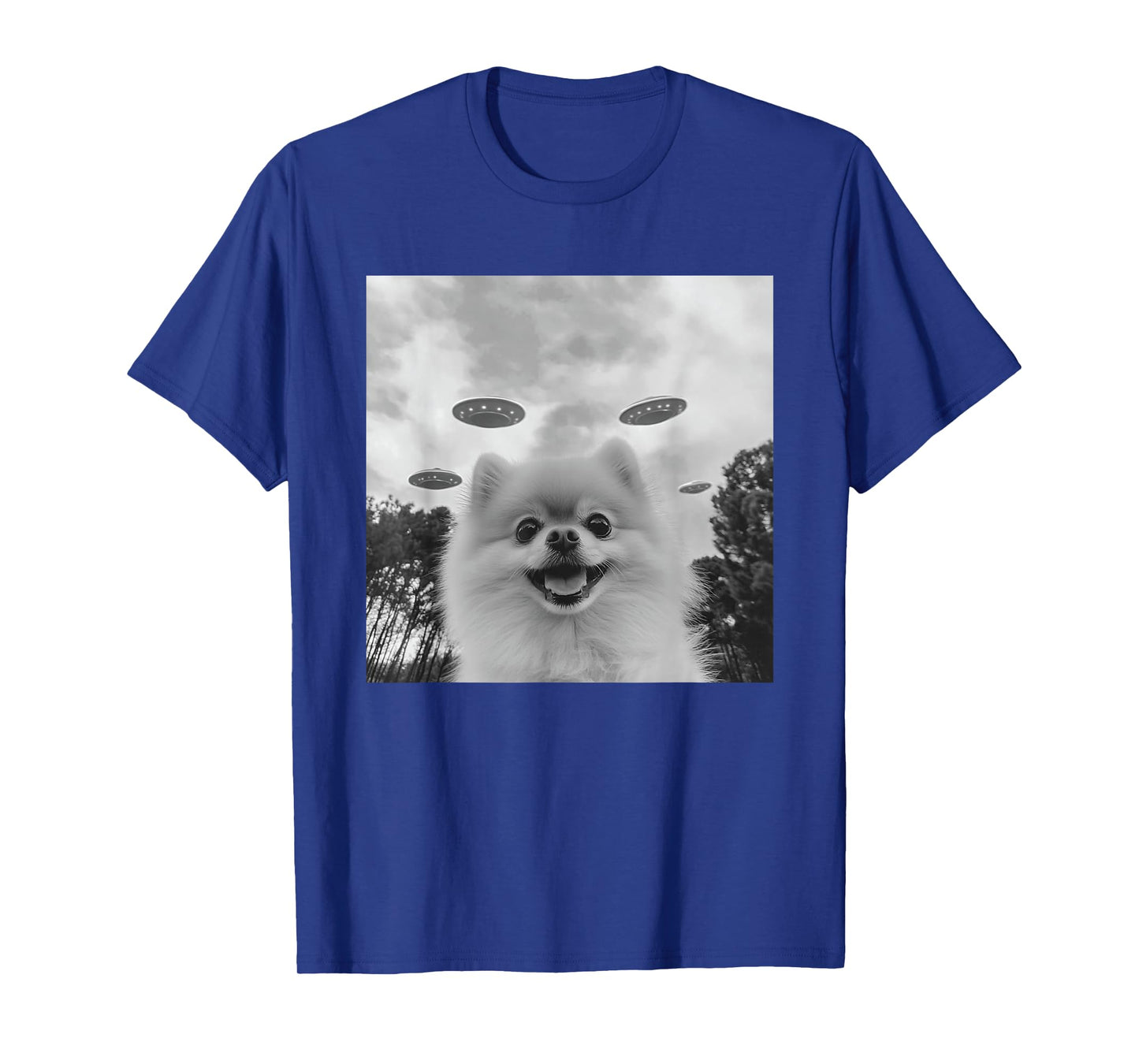 Cute Pomeranian Dog Selfie With UFO UAP Invasion Alien T-Shirt