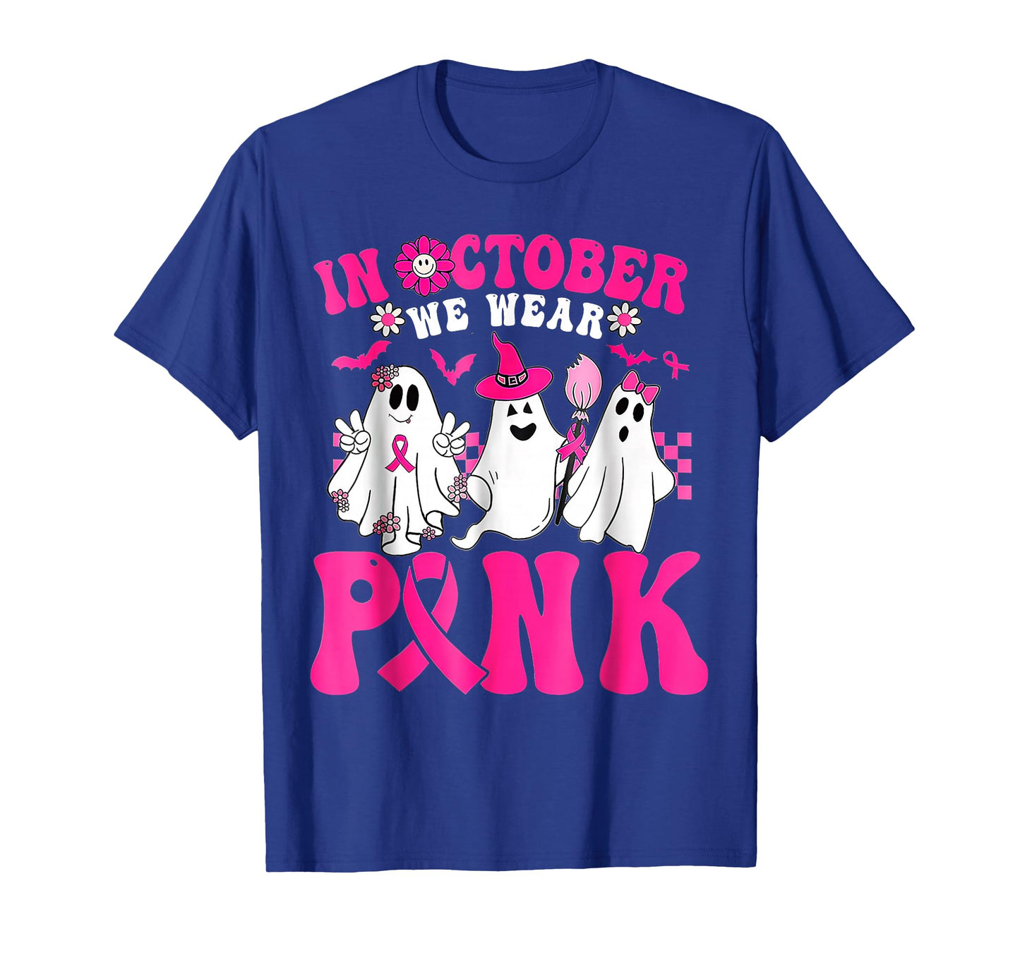 Wear Pink Breast Cancer Warrior Ghost Halloween Groovy T-Shirt
