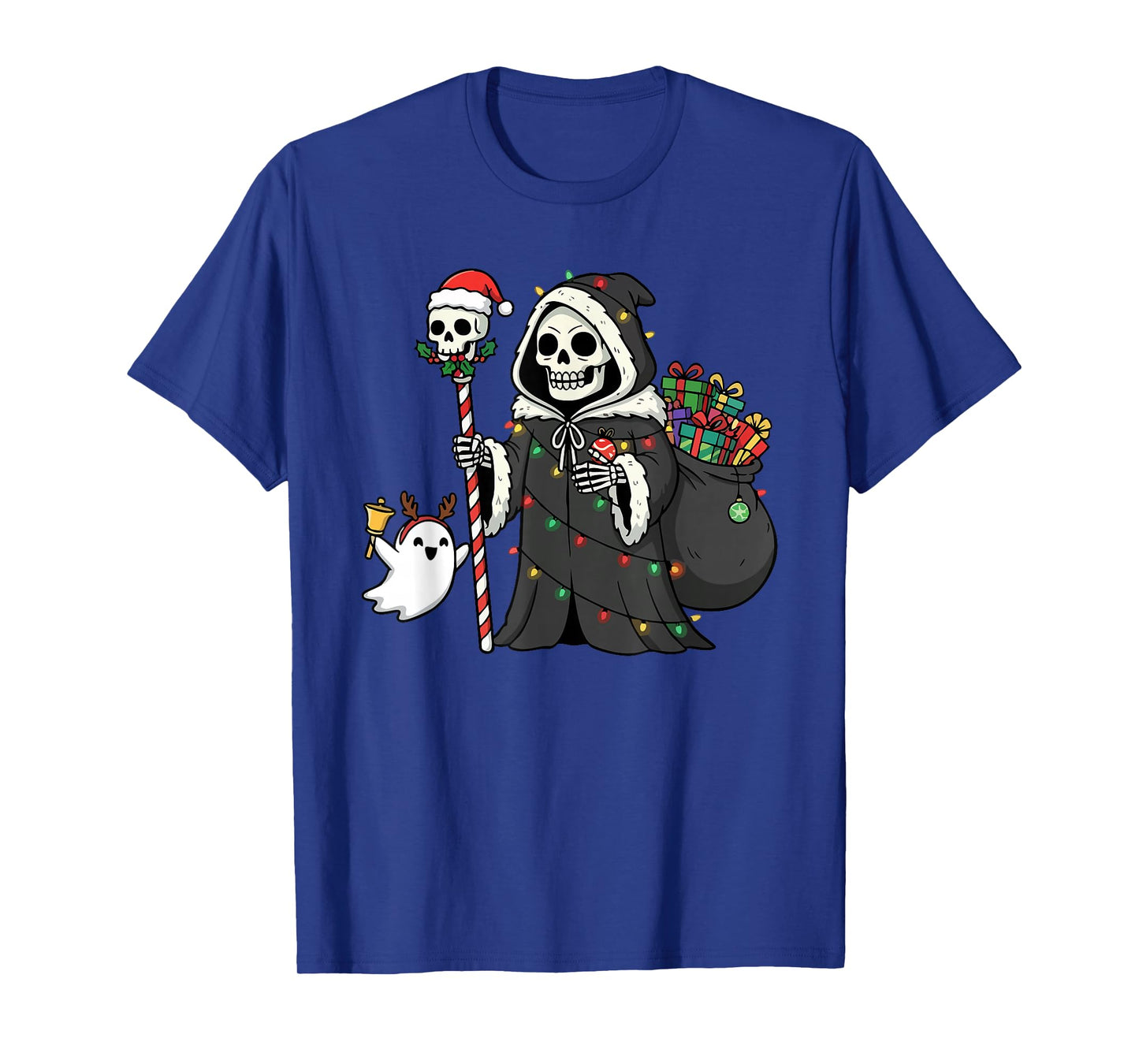 Christmas Skeleton Carrying a Ghost Grim Reaper Presents T-Shirt
