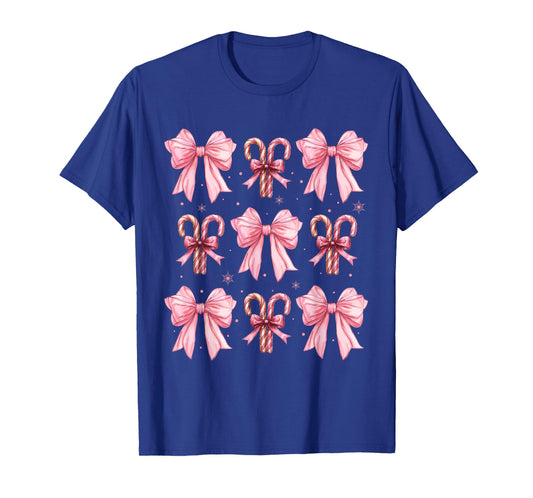 Coquette Bow Candy Canes Christmas Women Girls Teen Pink Bow T-Shirt