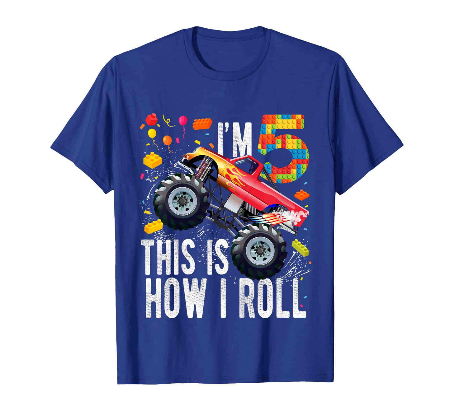 Kids 5 Year Old Building Blocks Monster Truck 5th Birthday Boy T-Shirt