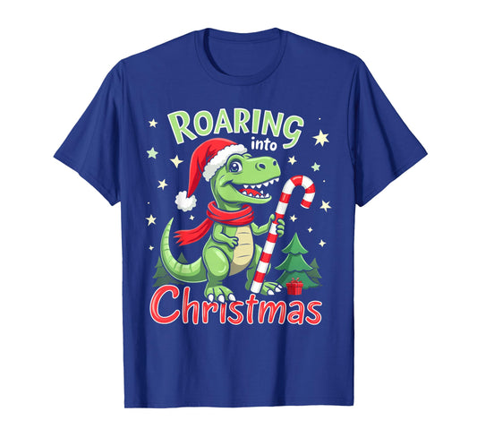 Roaring into Christmas T-Rex Santa Hat & Candy Cane Holiday T-Shirt