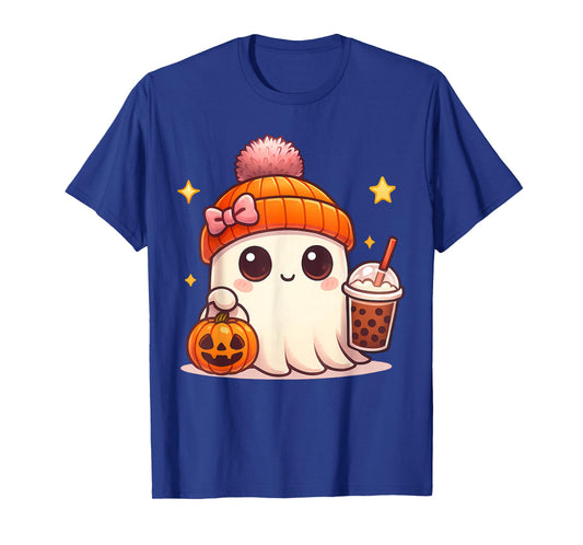 Kawaii Ghost Drinking Pumpkin Boba Tea Cute Ghost Halloween T-Shirt