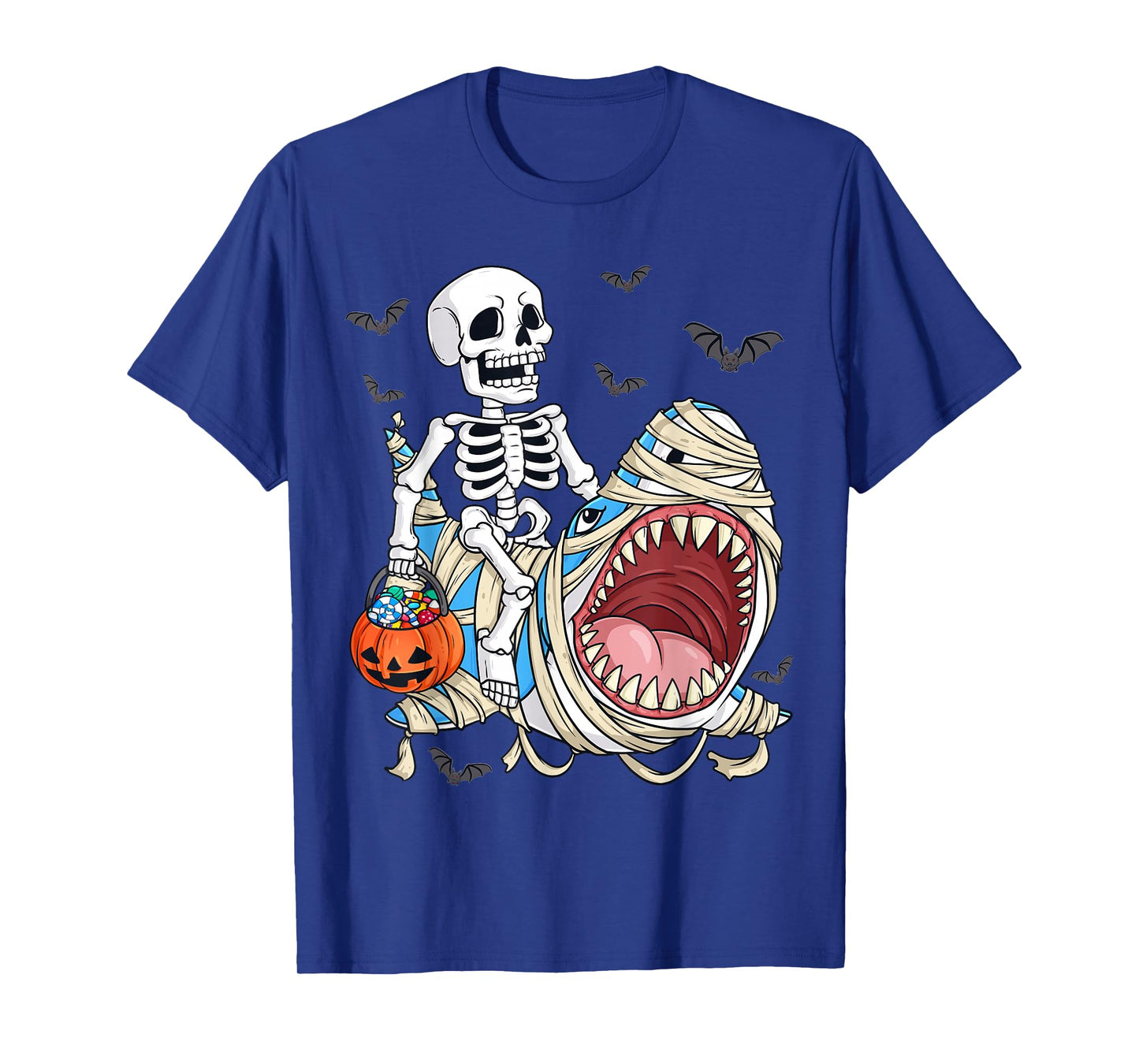 Skeleton Riding Mummy Shark Funny Halloween Pumpkin Kids T-Shirt