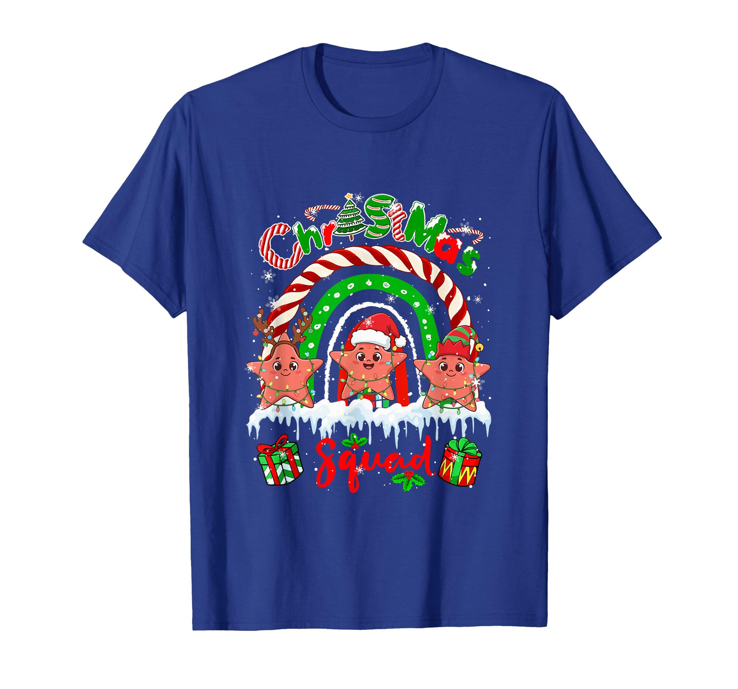 Christmas Squad Three Santa Starfishes Rainbow Candy Canes T-Shirt