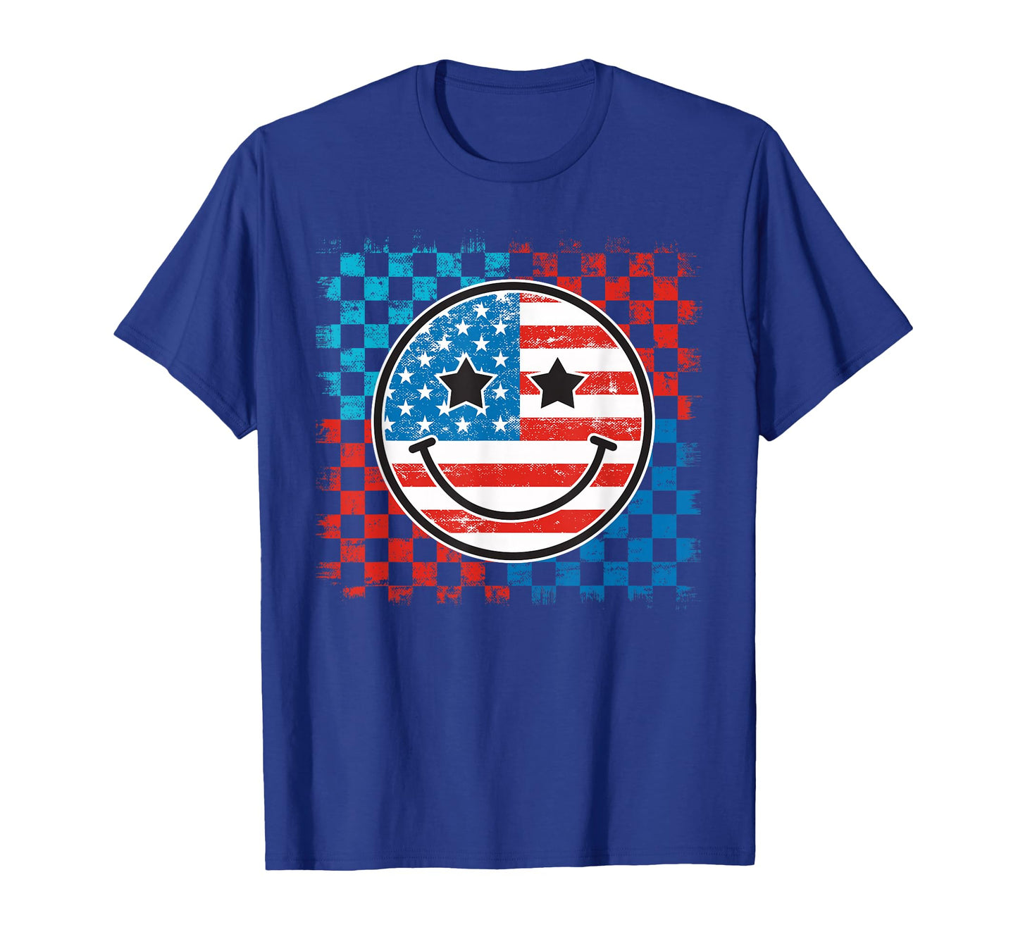4th Of July Checkered Smile Face Red White Blue US Flag T-Shirt
