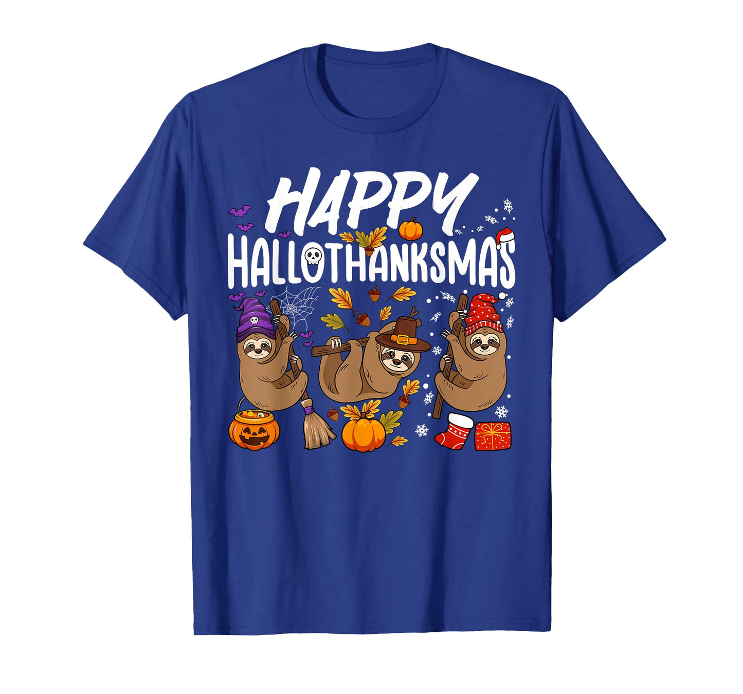 Happy HalloThanksMas Halloween Thanksgiving Christmas Sloth T-Shirt