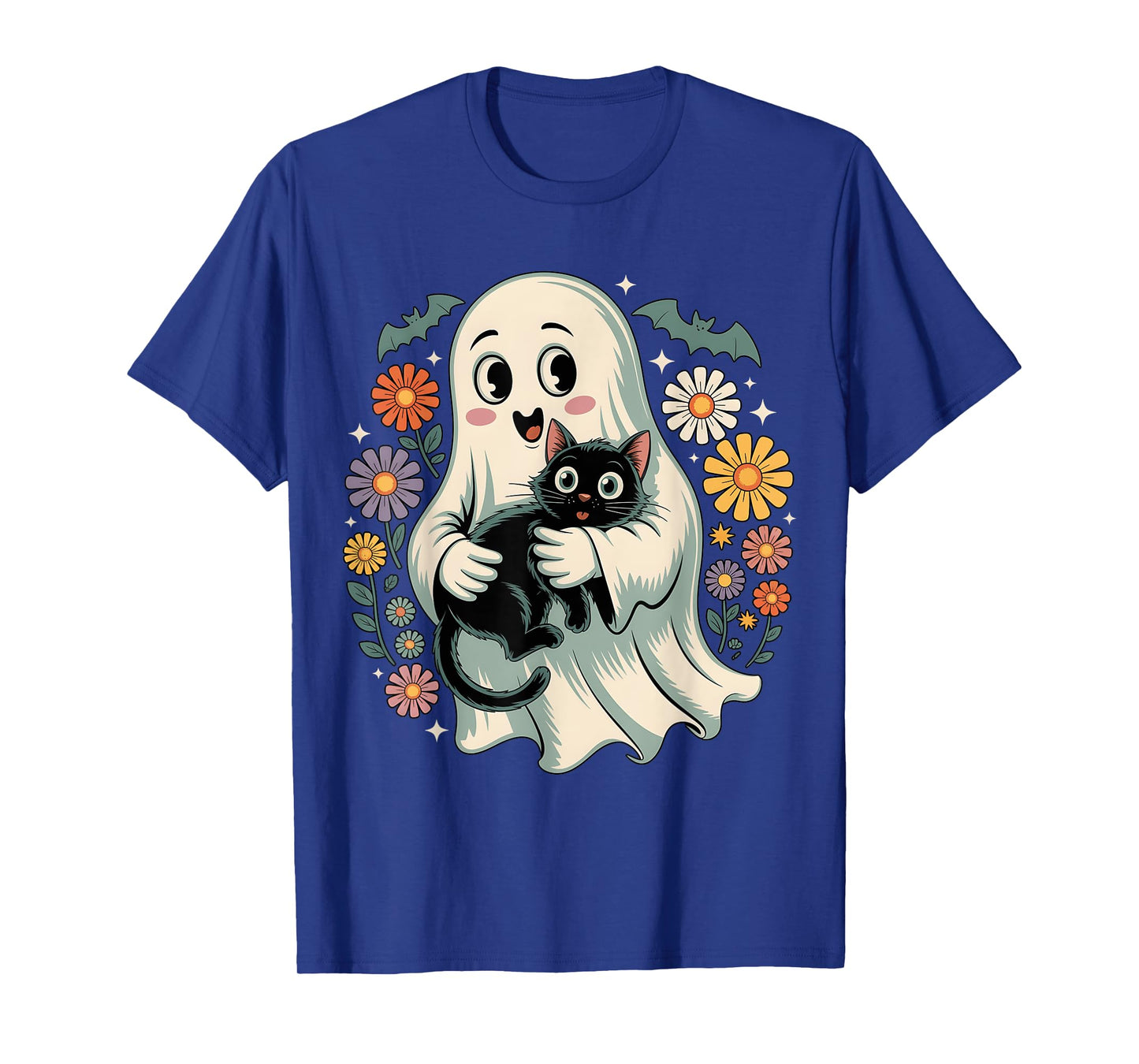 Groovy Flower Ghost Holding Black Cat Halloween Cat Lover T-Shirt