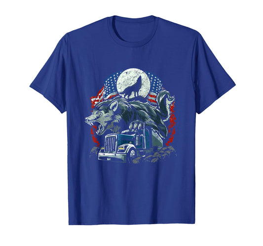 USA Flag Truck Howling Wolf American Patriotic Trucker T-Shirt for Men