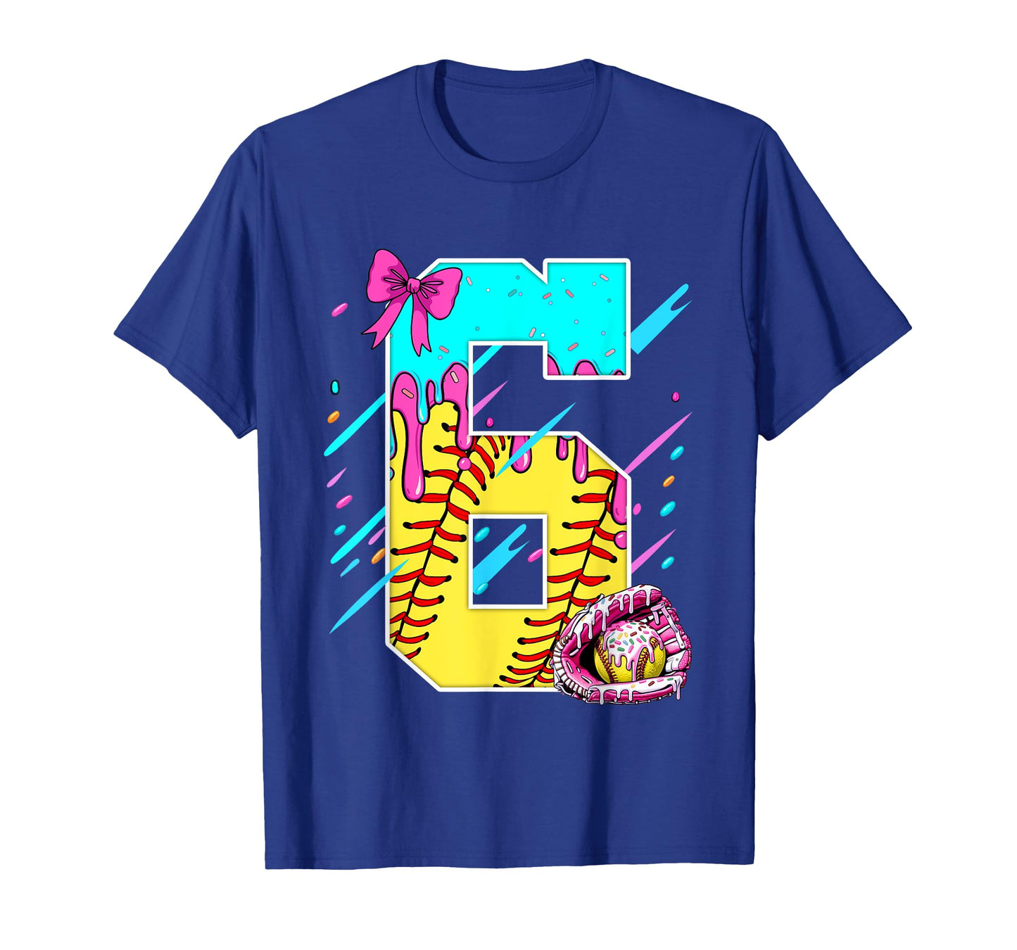 6th Birthday Softball Ice Cream Drip Bow 6 Years Kids Gift T-Shirt