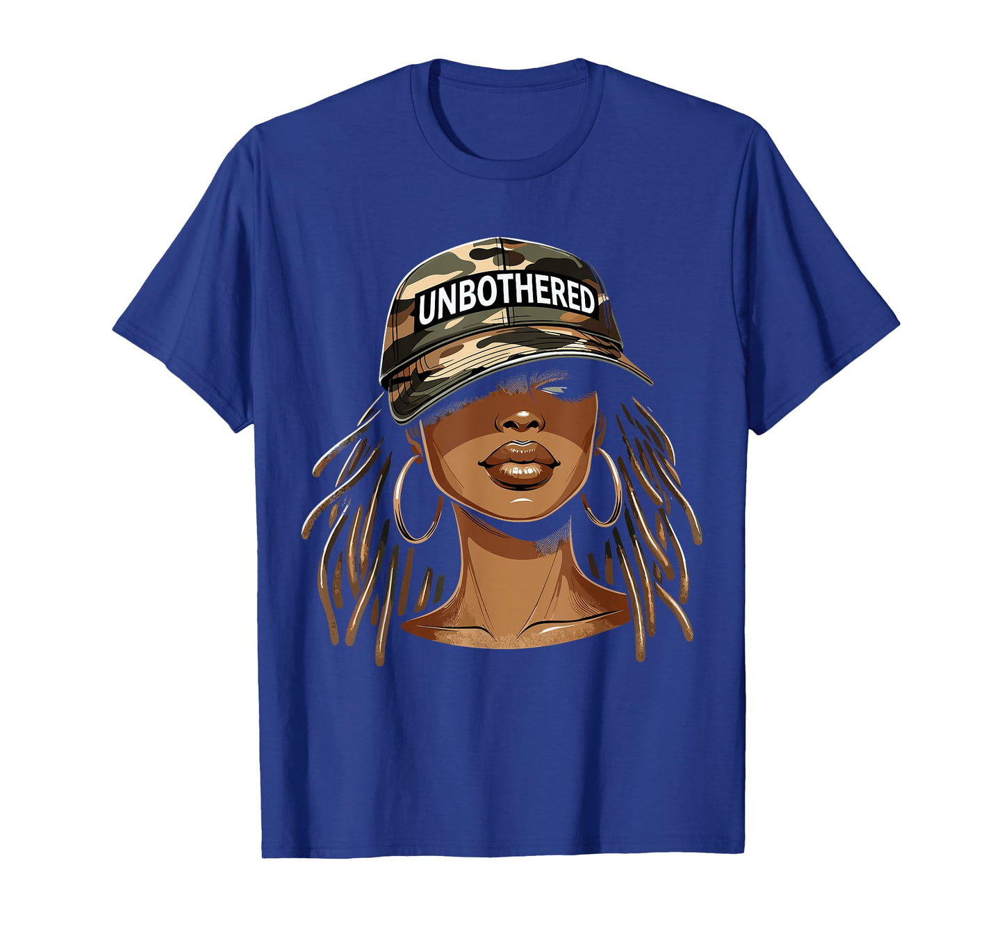 Unbothered Black Woman with Cap Camo Afro T-Shirt