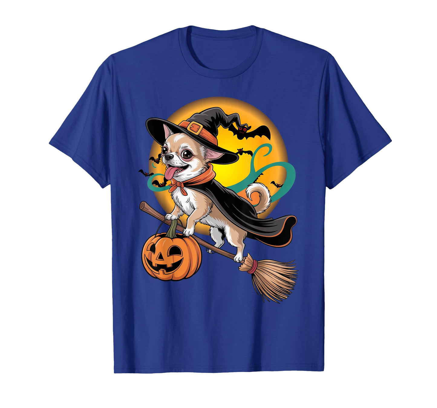 Funny Chihuahua Dog Witch On Broomstick Pumpkin Halloween T-Shirt