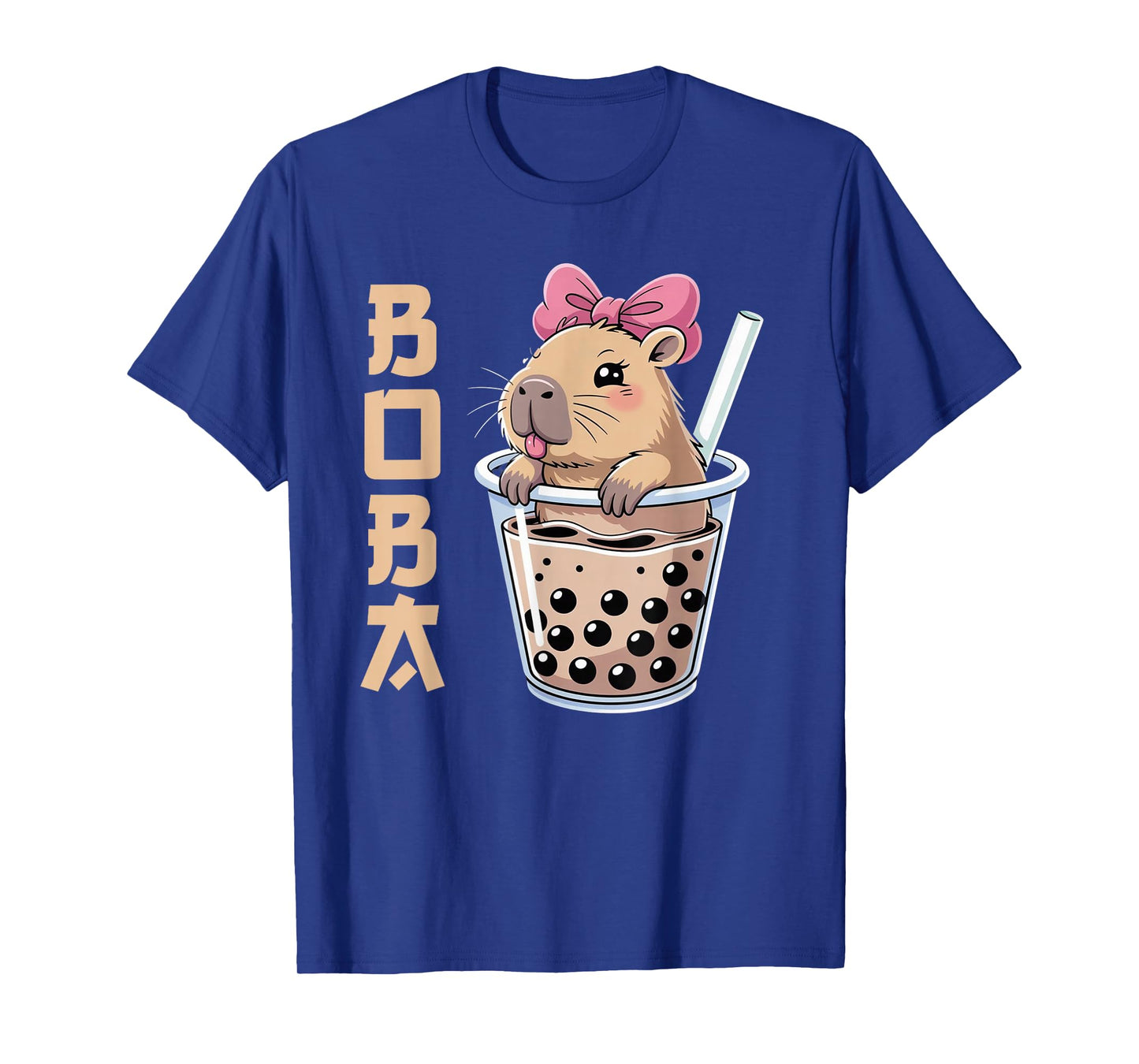 Kawaii Anime Capybara Drinking Boba Tea Pink Coquette Bow T-Shirt