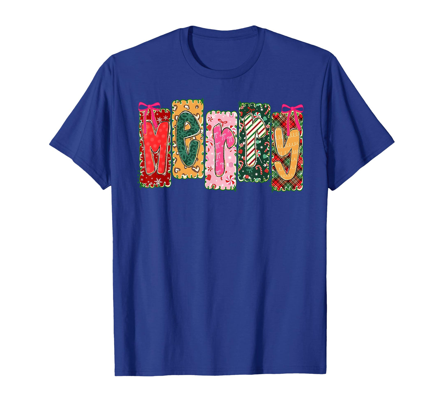 Merry Christmas Patchwork Merry Xmas Girl Women Floral Bows T-Shirt