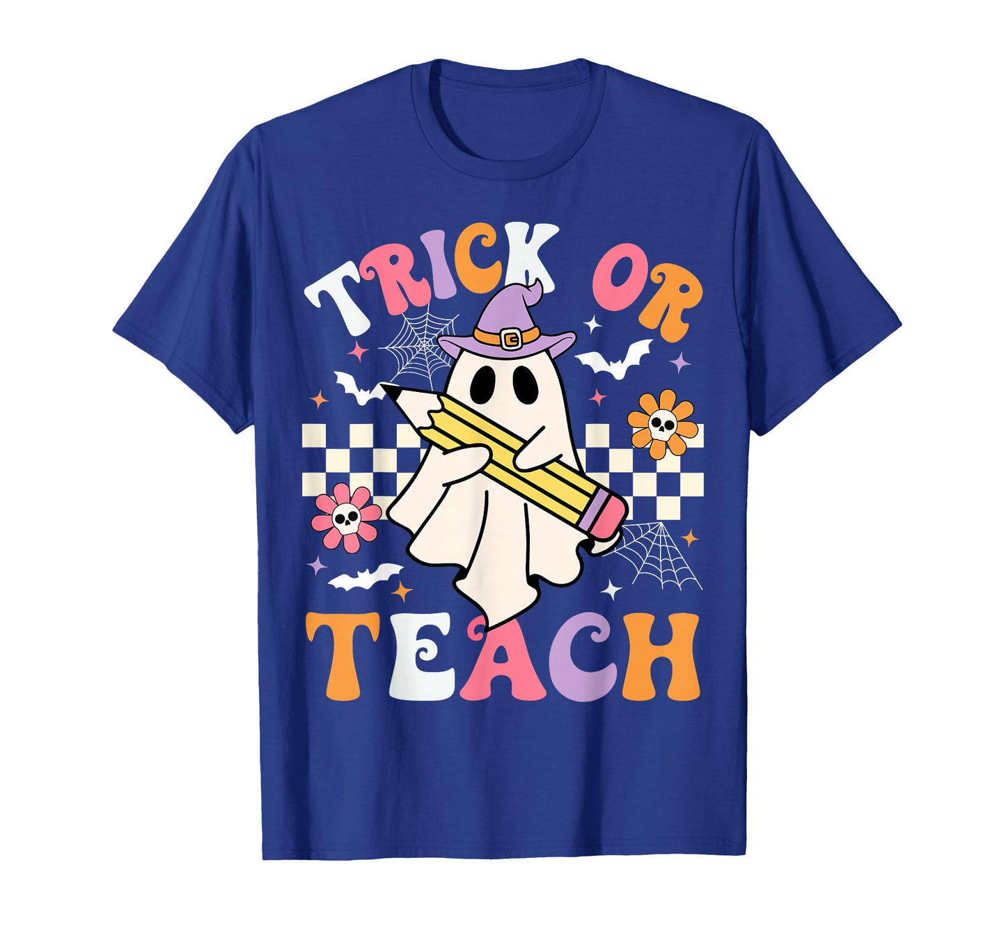 Trick Or Teach Groovy Teacher Halloween Retro Teacher Ghost T-Shirt