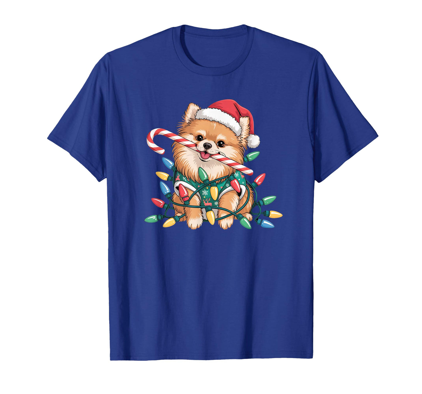 Cute Pomeranian Christmas Puppy Lights Santa Hat Candy Cane T-Shirt