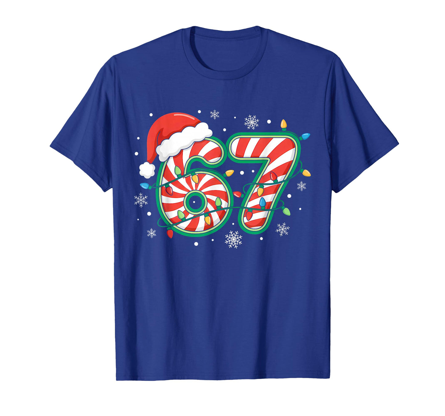 Christmas 67 Six Seven Meme Candy Cane Santa Hat Xmas Lights T-Shirt
