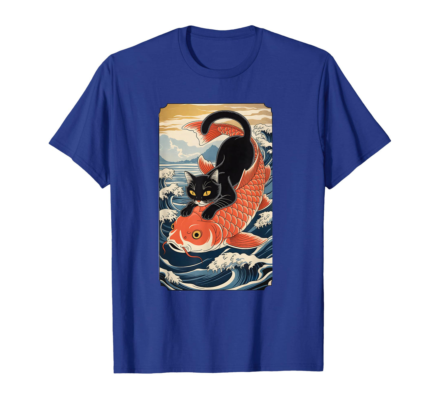 Cat Koi Japanese Black Ukiyoe Art Sakura Waves Zen T-Shirt