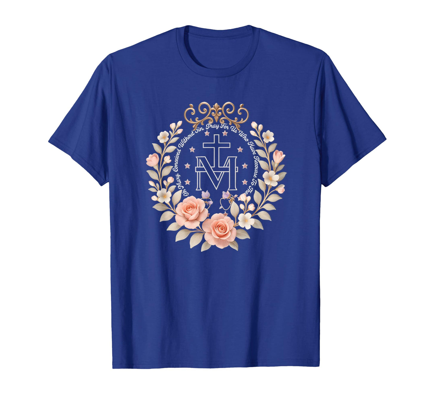 Floral Miraculous Medal Marian Catholic Devotion T-Shirt