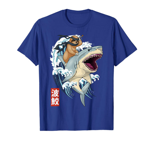 Retro Japanese Samurai Sloth Shark Vintage Kanagawa T-Shirt