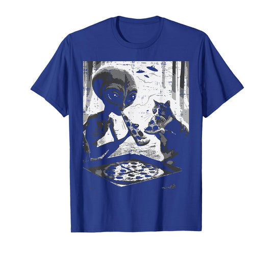 Alien And Cat Eating Pizza Funny Snack Food Men Women Kids T-Shirt