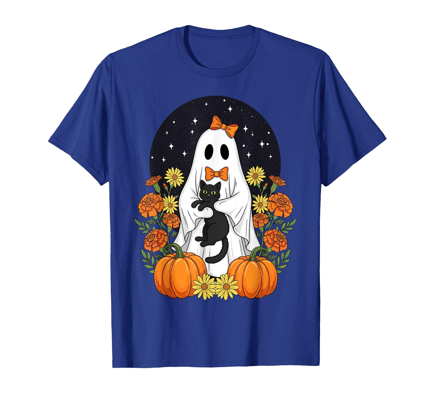 Vintage Halloween Ghost Holding Black Cat Groovy Floral T-Shirt