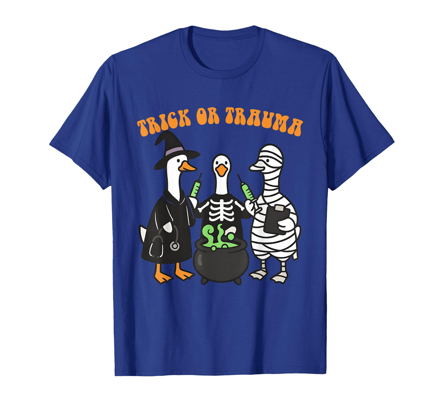 Trick Or Trauma Cute Ghost Nurse Therapy Halloween Goose T-Shirt