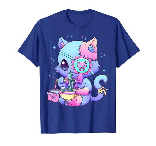 Pastel Goth Aesthetic Kawaii Creepy Cat Eating Ramen Noodles T-Shirt