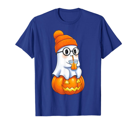 Ghost with Bubble Tea and Pumpkin Halloween T-Shirt