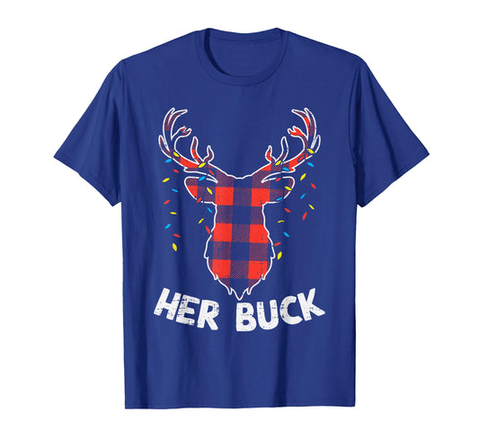 Plaid Reindeer Her Buck Matching Christmas Couple Men PJ T-Shirt