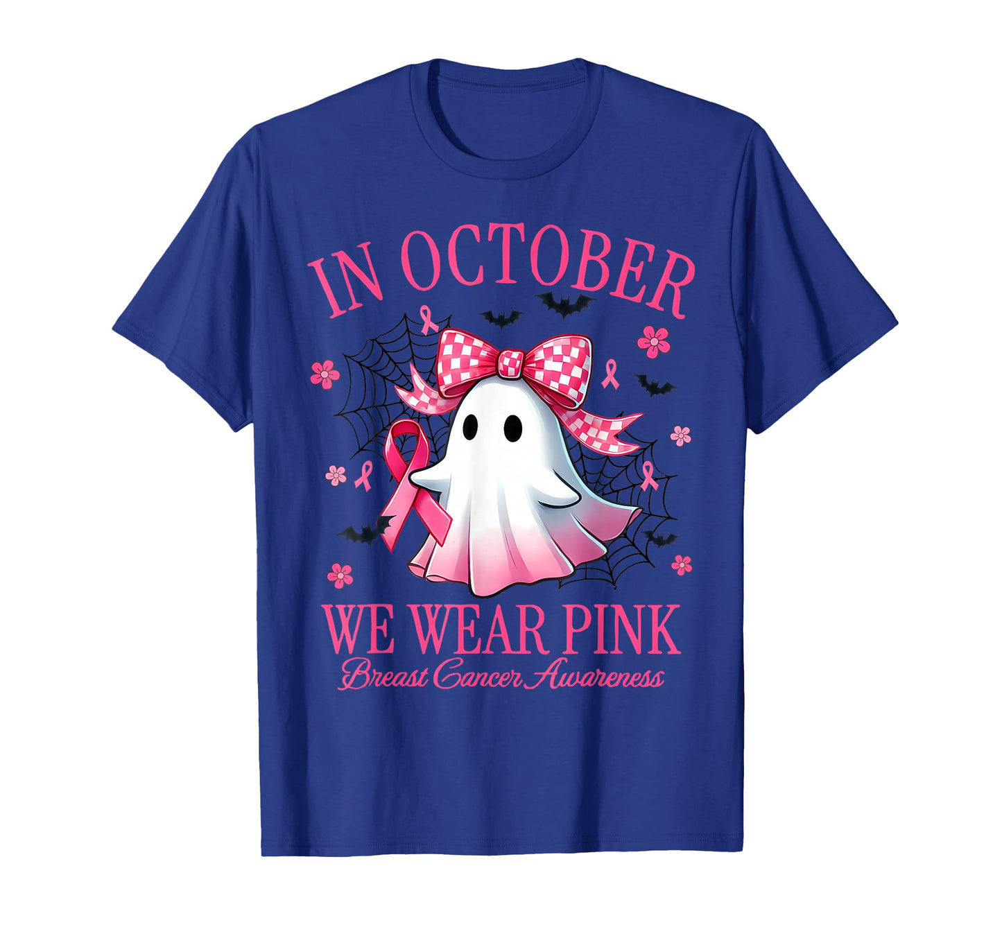 in October We Wear Pink Ghost Witch Breast Cancer Awareness T-Shirt