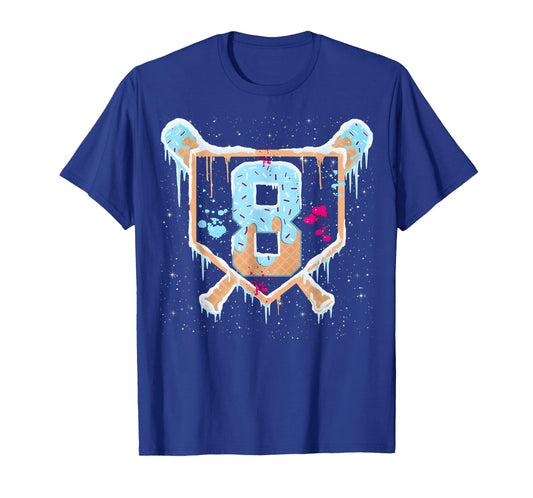 Baseball 8 Year Old Ice Cream Drip 8th Birthday Boy Number 8 T-Shirt