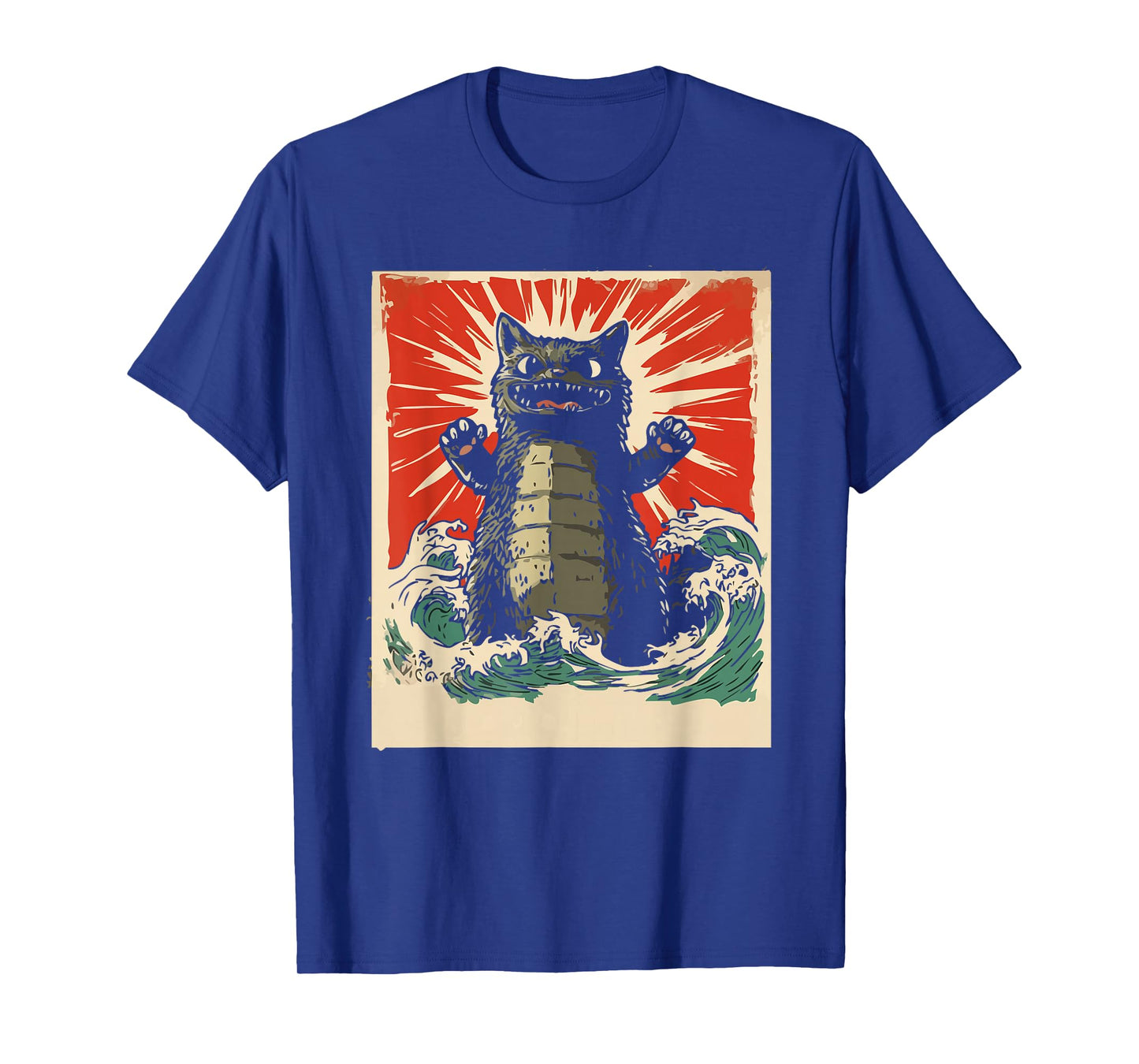 Epic Monster Cat Rising From Waves Retro Kawaii Men Kids T-Shirt