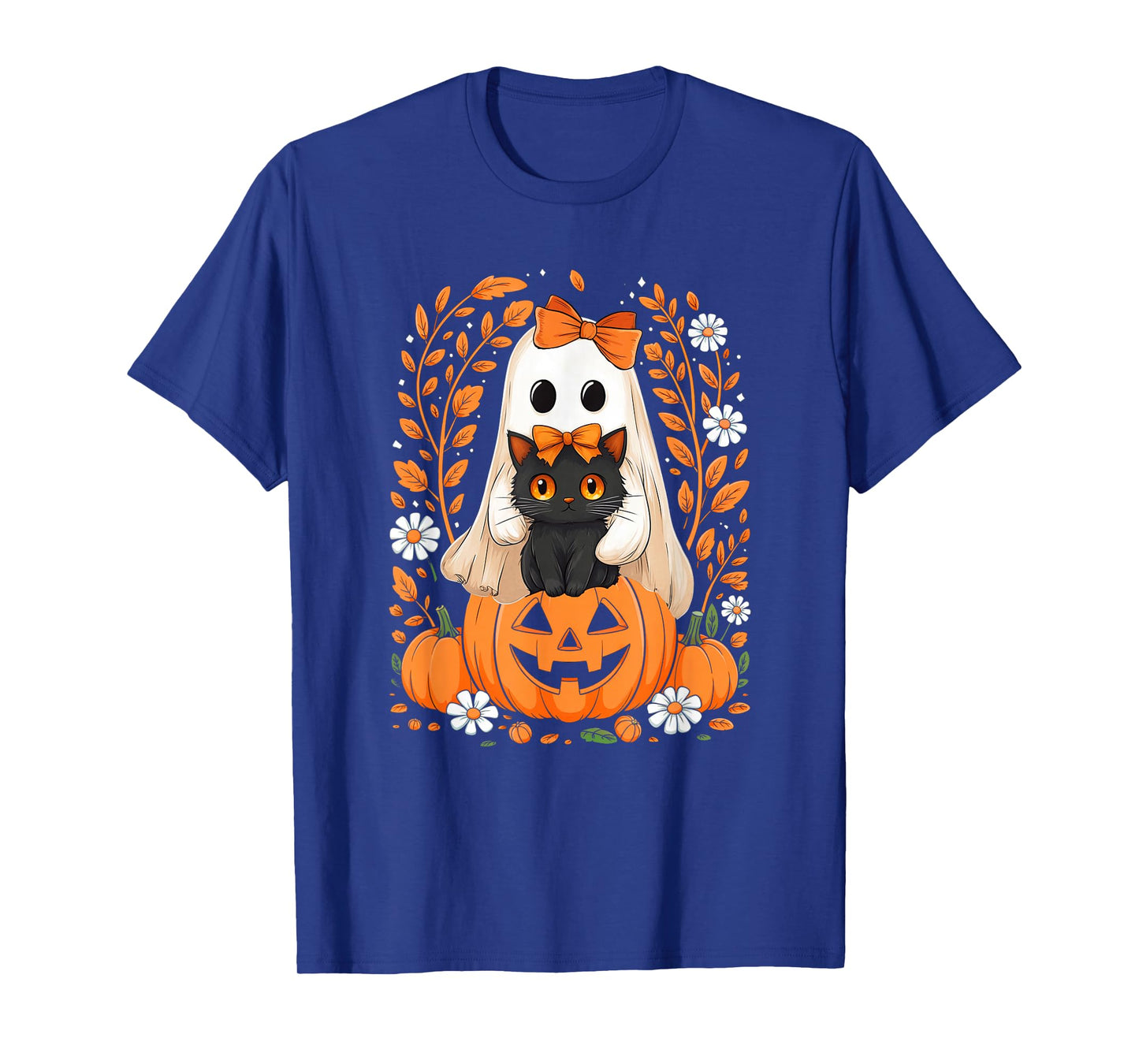 Vintage Halloween Ghost Holding Black Cat Groovy Floral T-Shirt