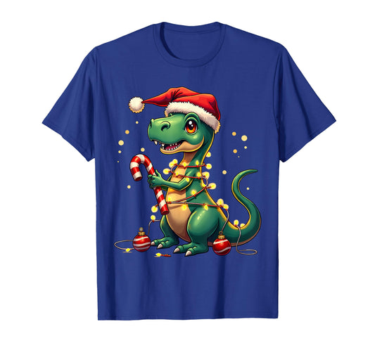 Cute Christmas T-Rex Shirt Dinosaur Lights & Candy Cane T-Shirt