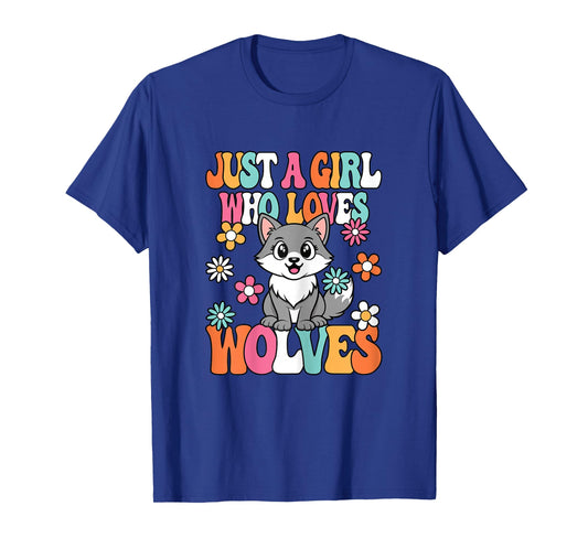 Just A Girl Who Loves Wolves Cute Groovy Wolf Lover Kids T-Shirt
