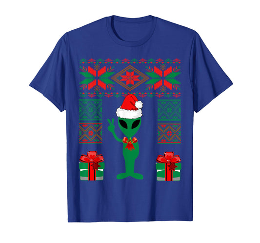 Alien Christmas Space UFO Present Peace Sign Santa Hat T-Shirt