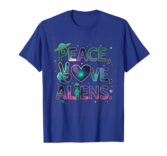 Peace Love Aliens Cool Funny Retro Vintage UFO UAP Alien T-Shirt