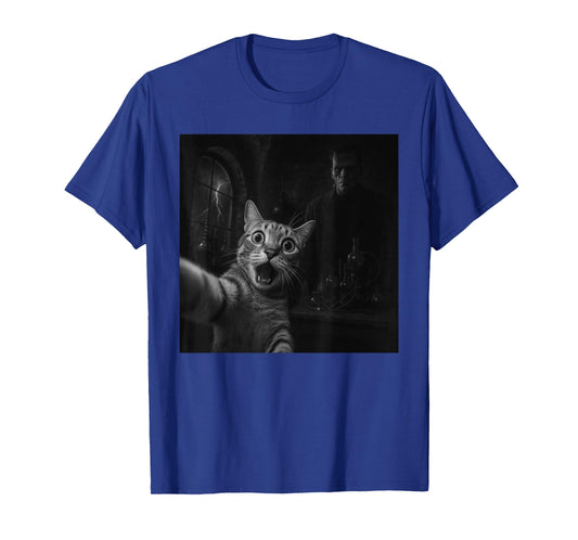 Funny Halloween Surprised Scared Cat Selfie Frankenstein T-Shirt