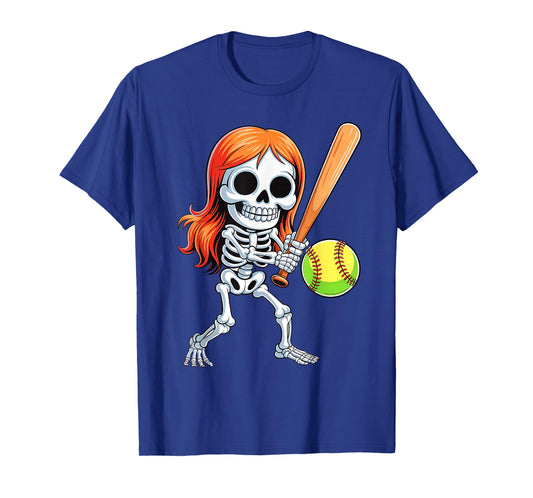 Skeleton Playing Softball Halloween Costume Funny Girls Kids T-Shirt