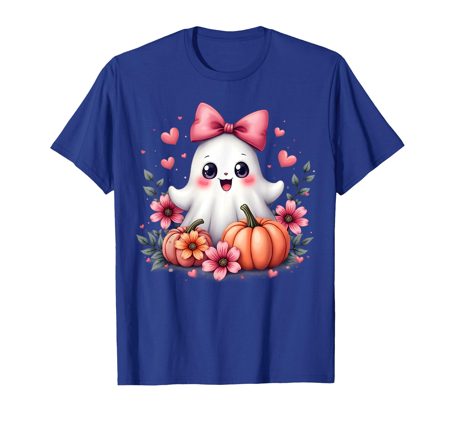 Cute Kawaii Ghost with Pink Bow Halloween Pumpkin Flowers T-Shirt